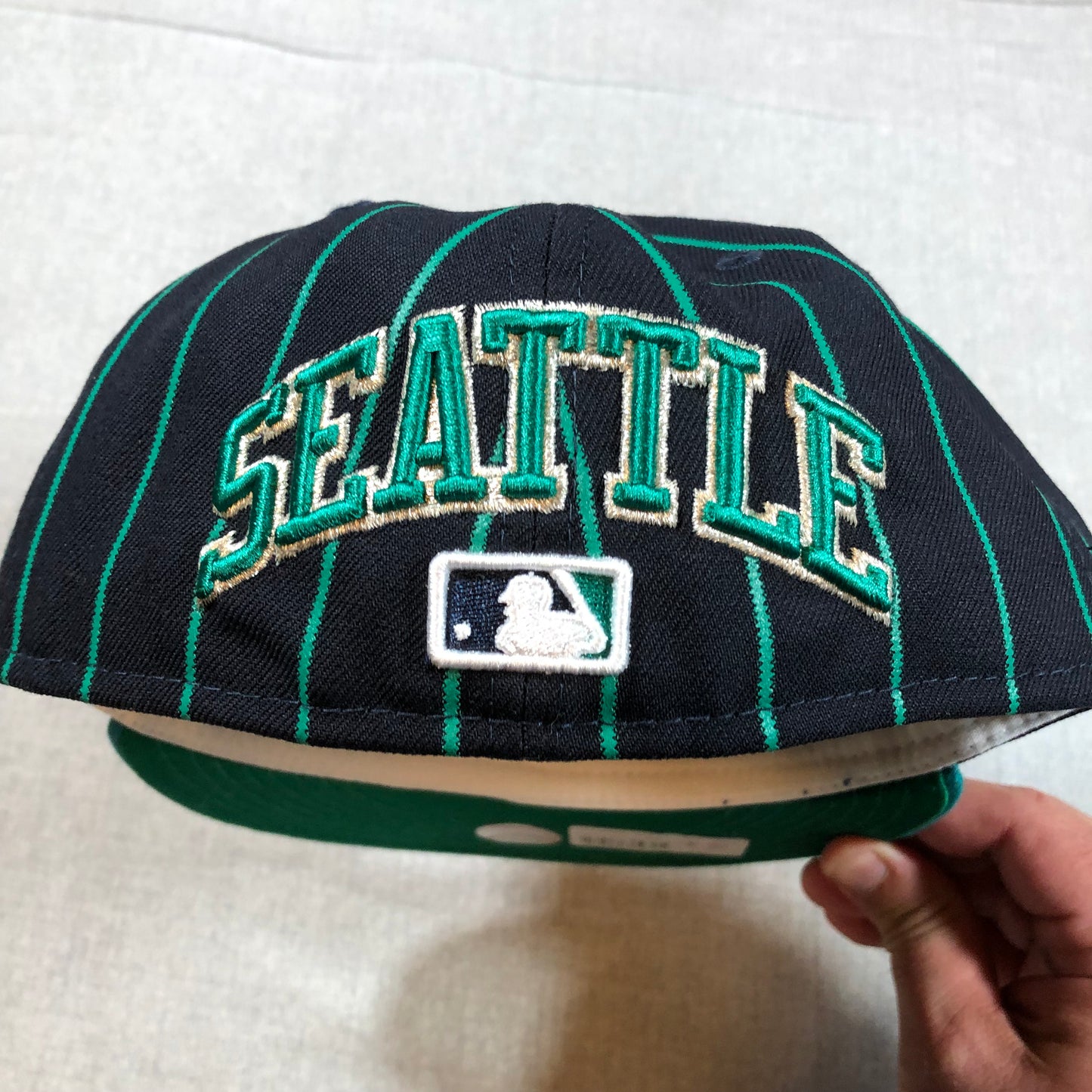 Seattle Mariners Hat Size 7 3/8 New Era Spell Out Seattle 59FIFTY Pinstripes